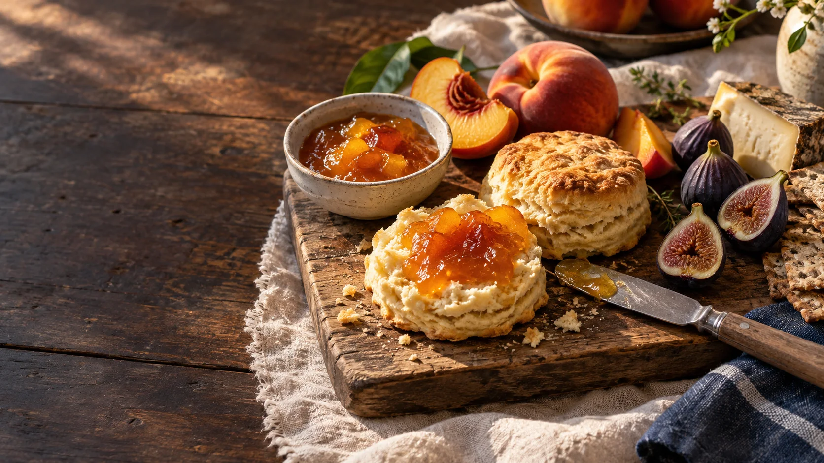 Serving inspiration: preserves, warm biscuits, fresh fruit and a cheese board